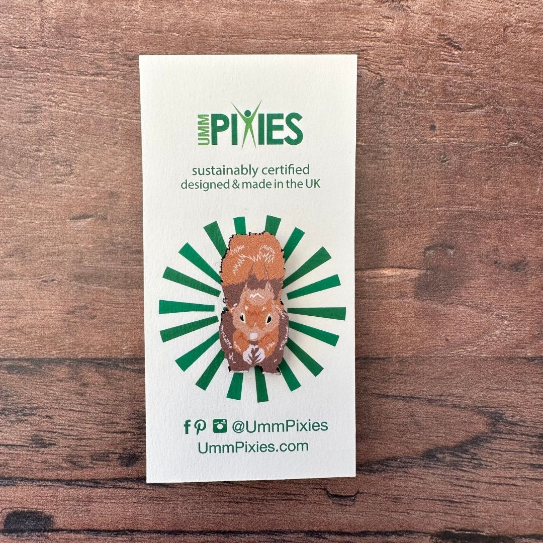 Red Squirrel wooden pin badge on display card on wooden table