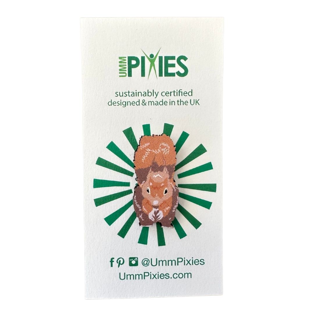 Red Squirrel wooden pin badge on display card