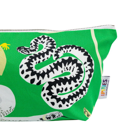Close up of Green zipped pouch showing the black and white adder snake illustration 