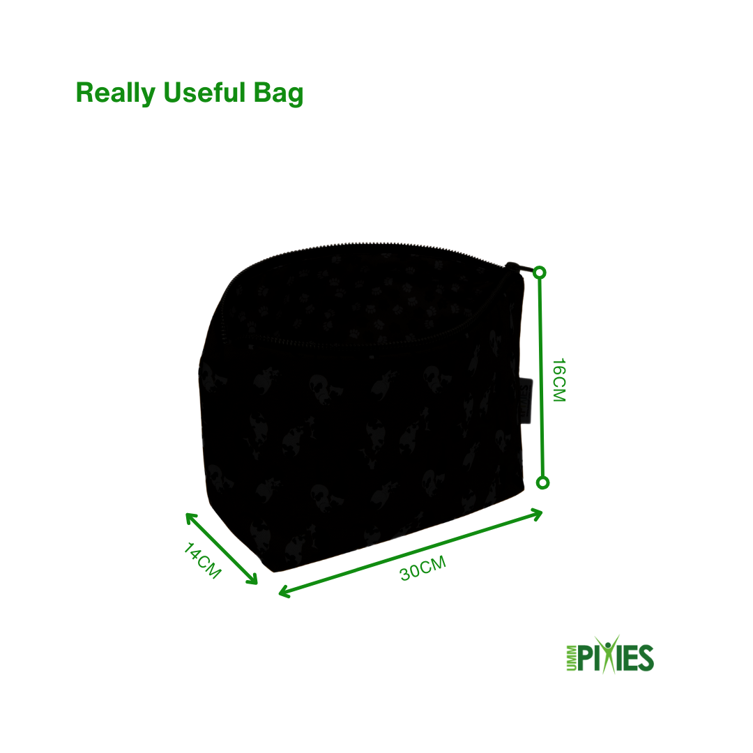 Silhouetted UmmPixies Really Useful Bag showing dimensions on a white background