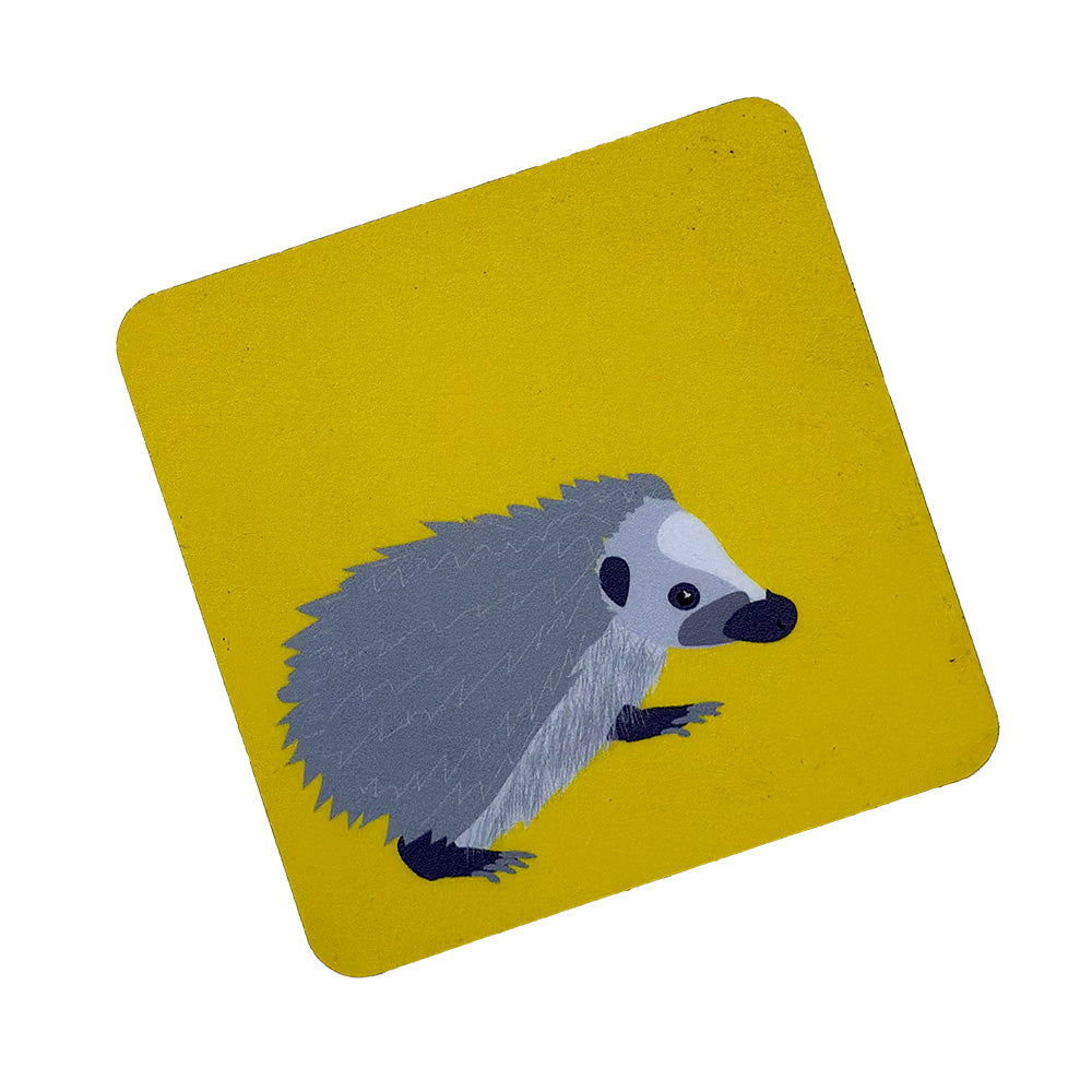 Walking hedgehog  illustration on bright yellow coaster from UmmPixies