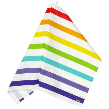 Colorful striped tea towel with rainbow  stripe pattern shown hanging against a white background