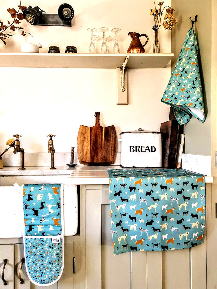 organic cotton dog tea towels and oven gloves designed and made in Britain