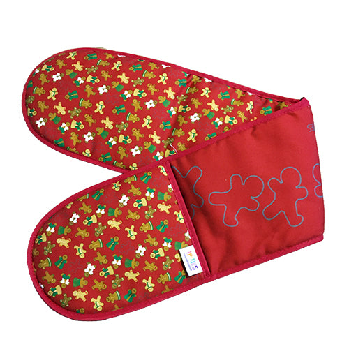 Burgundy organic cotton double oven mitts with UmmPixies' gingerbread folk design. shown on a plain white background.