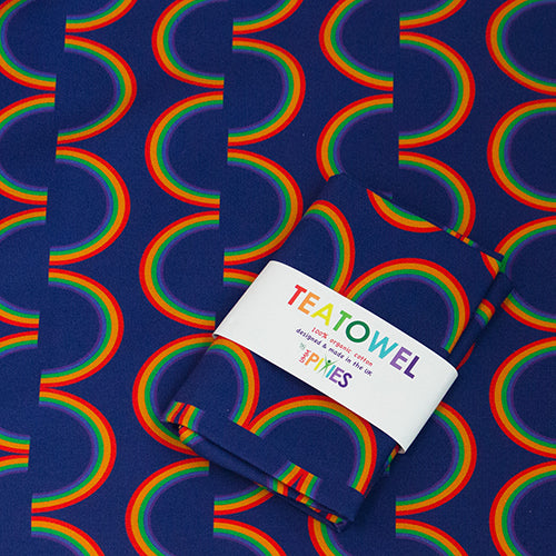 organic cotton rainbow stripe  tea towel. designed and made in Britain