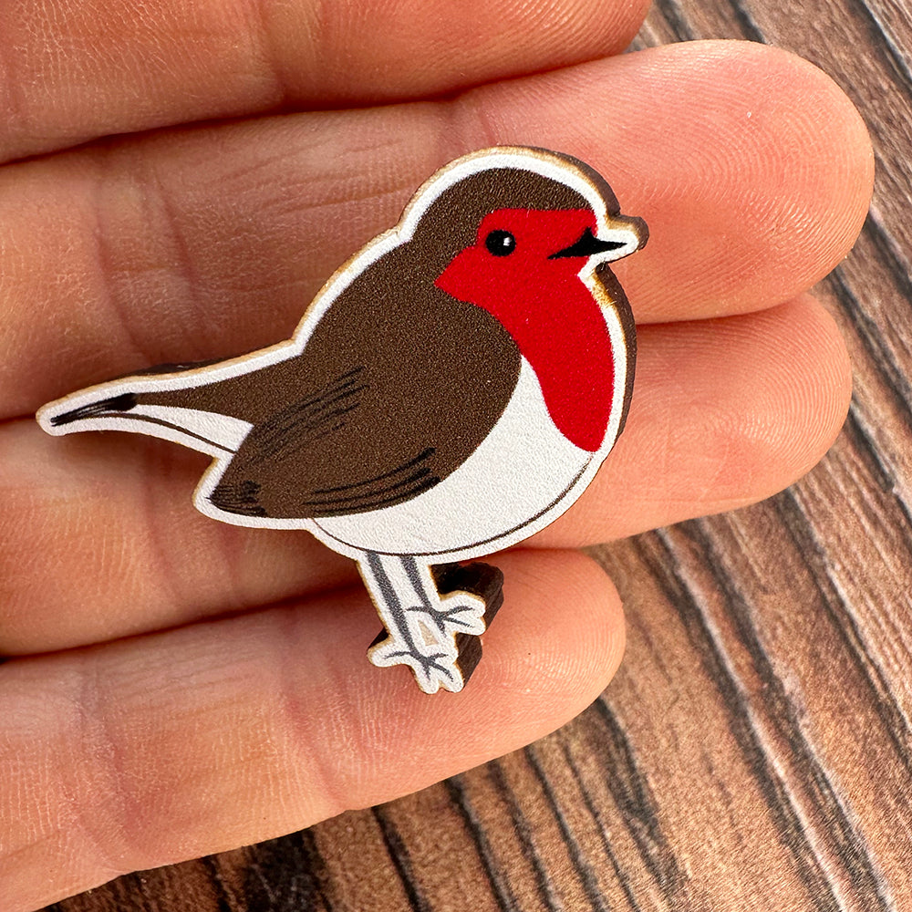 wooden robin pin badge