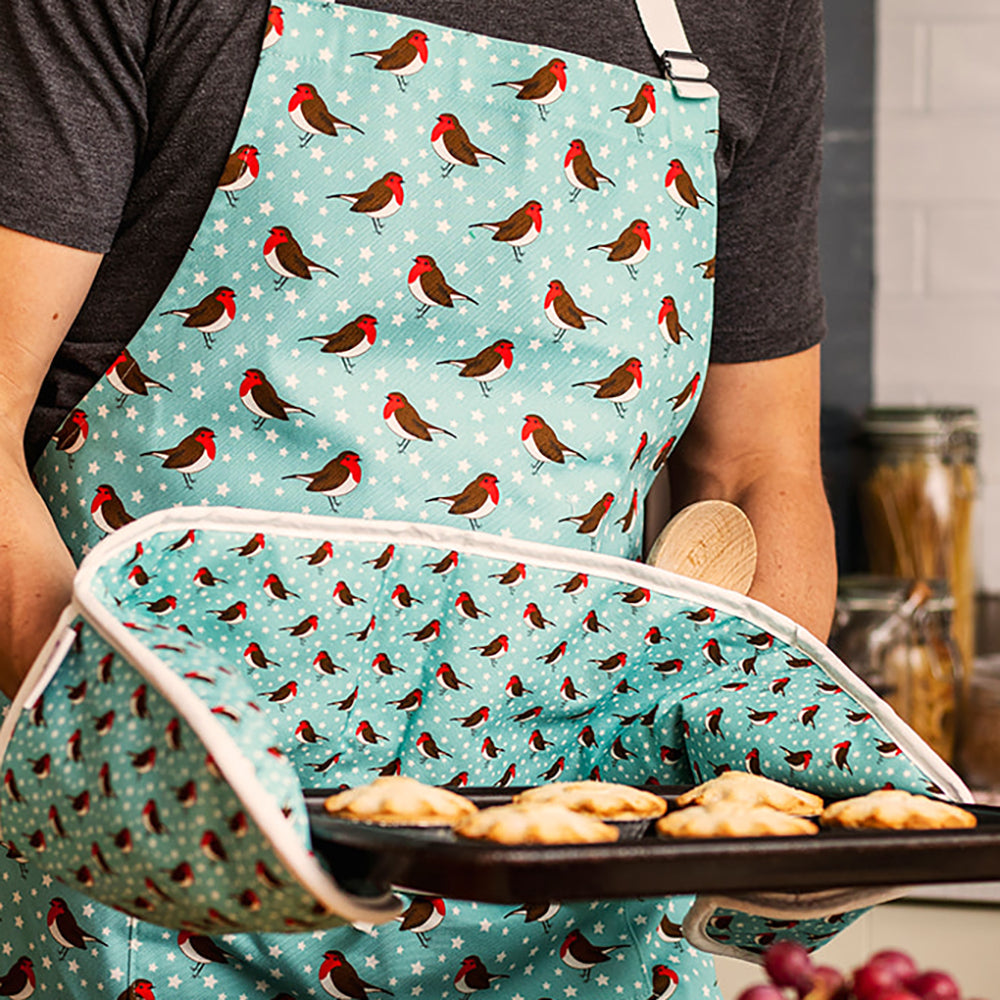 Blue Robins Oven Gloves in 100% Organic Cotton  shown in use