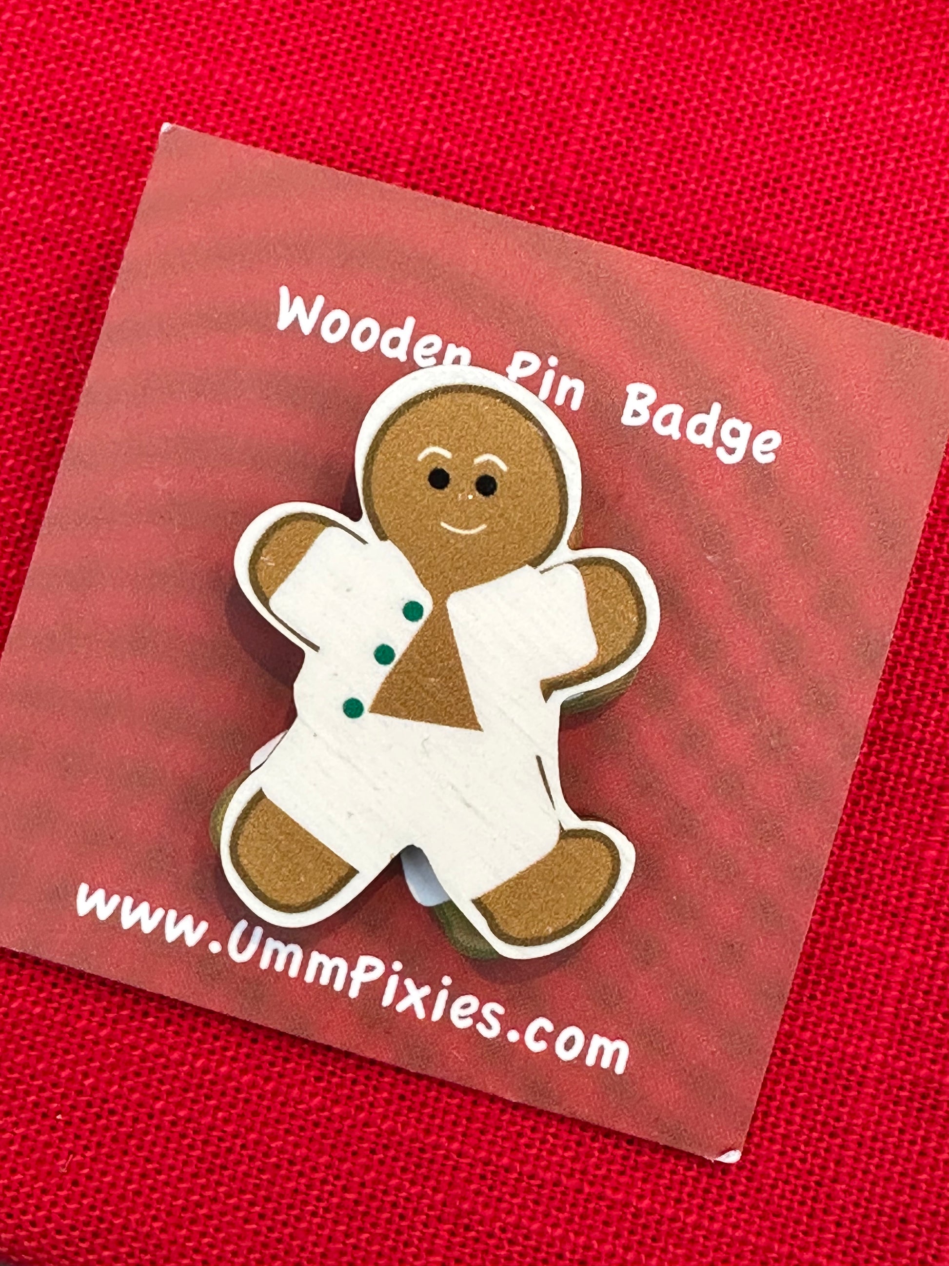 wooden gingerbread pin badge