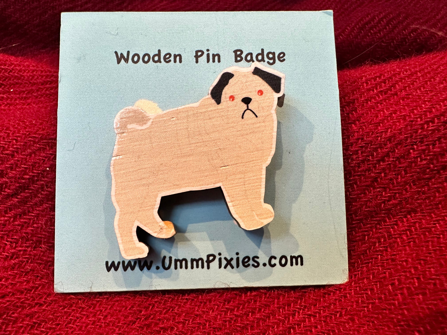 wooden pug pin badge