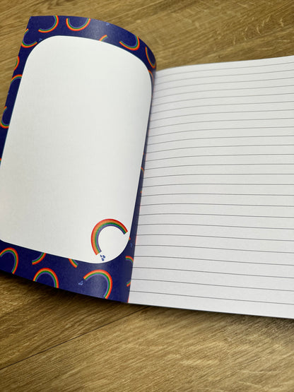 rainbow notebook showing index area of inside front cover